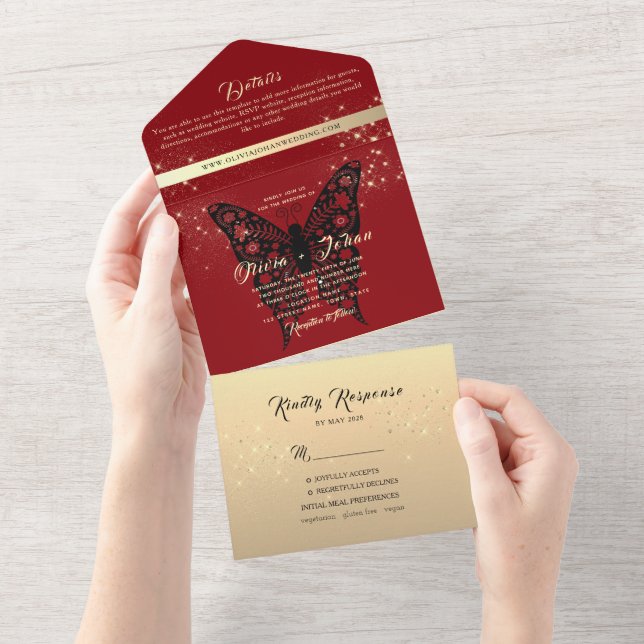 Elegant Red Butterfly All-in-One Invite (Tearaway)