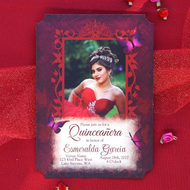 Elegant Red Butterfly Border Quinceanera Invitation (Elegant Ruby Red Quinceanera Invitation with Decorative Butterfly Photo Frame)