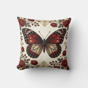 Elegant Red Butterfly Rose Vintage Pattern Design Cushion