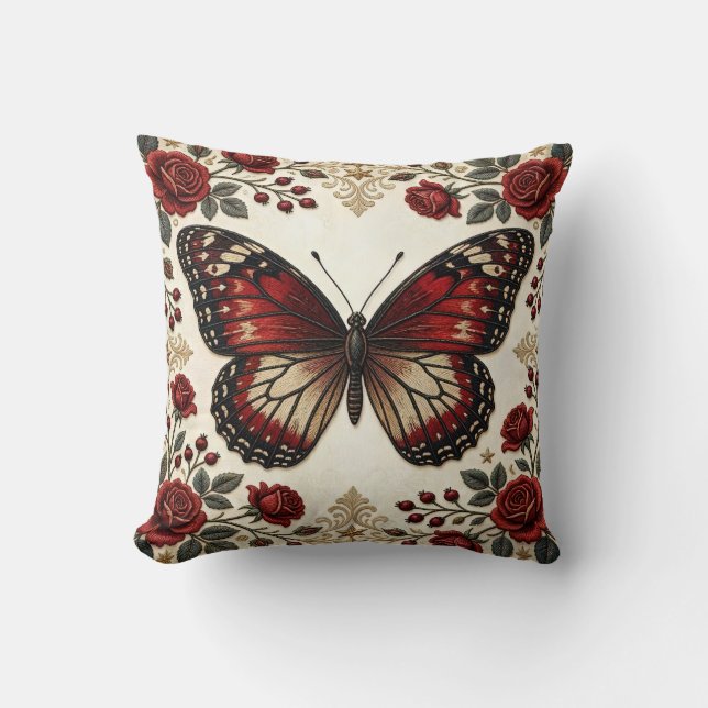 Elegant Red Butterfly Rose Vintage Pattern Design Cushion (Front)