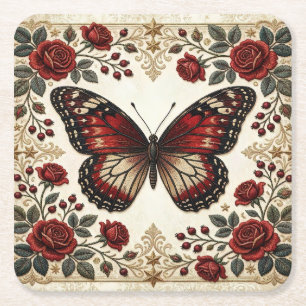 Elegant Red Butterfly Rose Vintage Pattern Design Square Paper Coaster