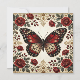 Elegant Red Butterfly Rose Vintage Pattern Design Thank You Card