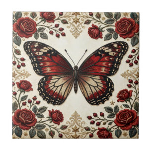 Elegant Red Butterfly Rose Vintage Pattern Design Tile