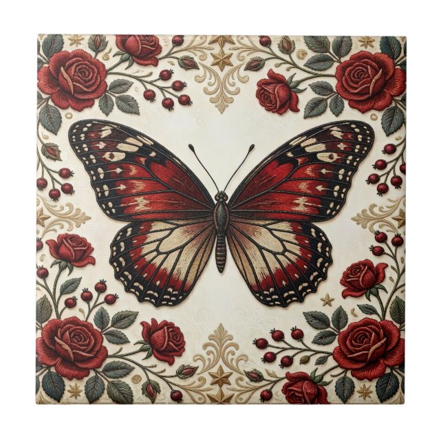 Elegant Red Butterfly Rose Vintage Pattern Design Tile (Front)