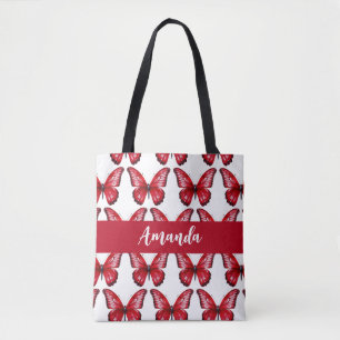 Elegant Red Butterly Pattern Name Tote Bag