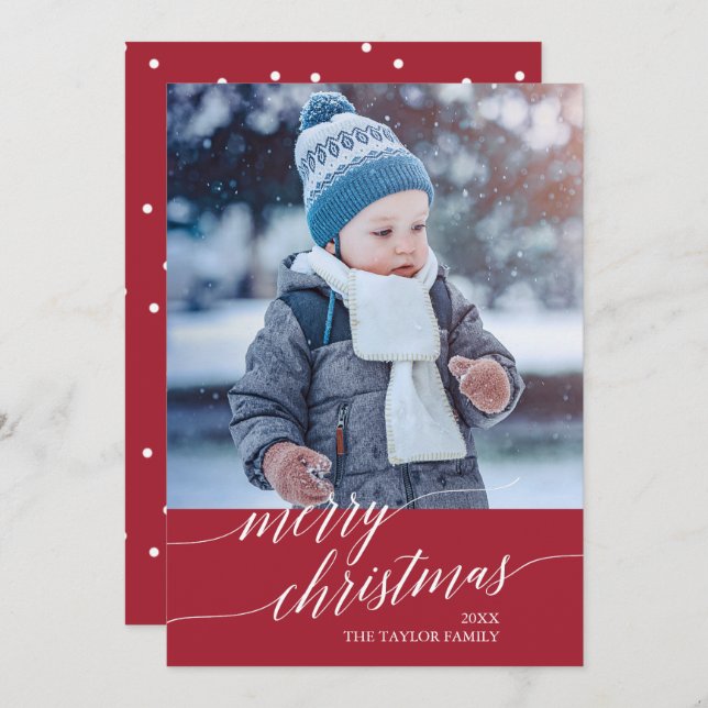 Elegant Red Calligraphy Merry Christmas Photo Holiday Card (Front/Back)