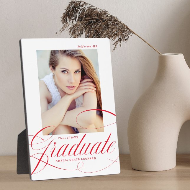 Elegant Red Calligraphy Script Graduation Photo Plaque (Creator Uploaded)