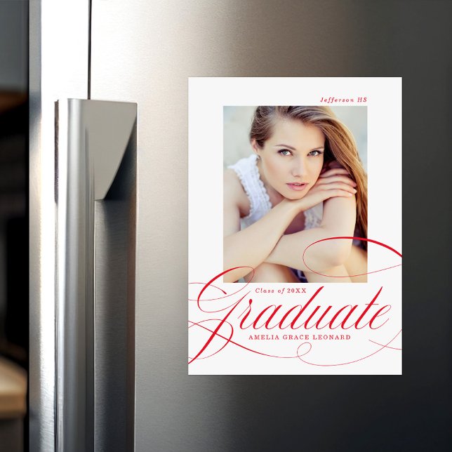 Elegant Red Calligraphy Script Photo Graduation Magnetic Invitation (Creator Uploaded)