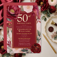 Elegant Red Camellia Floral 50th Birthday Gold