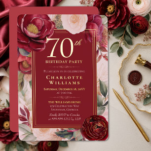 Elegant Red Camellia Floral 70th Birthday Gold