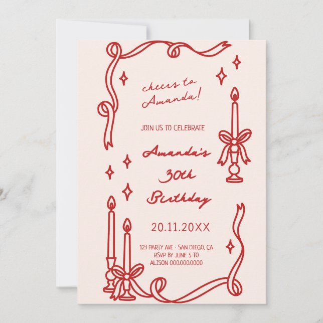 Elegant Red candle Hand Drawn Birthday invitation (Front)