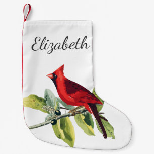 Elegant Red Cardinal Bird & Name in Script Small Christmas Stocking
