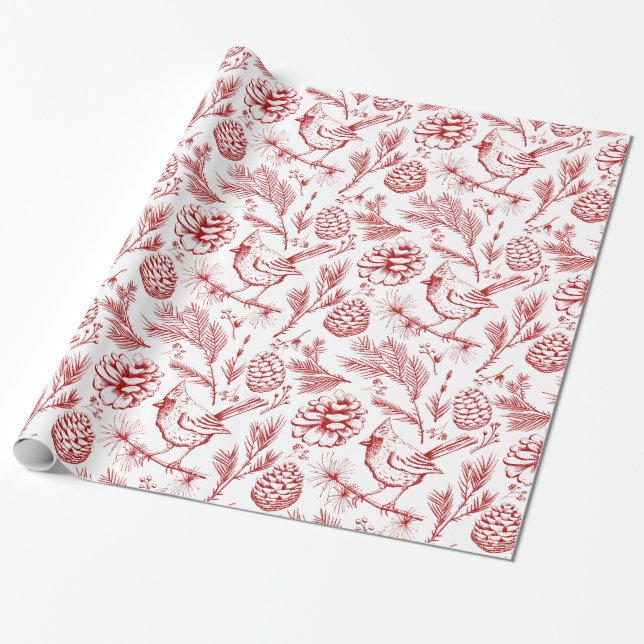 Elegant Red Cardinal Bird, Pine and Winter Berries Wrapping Paper (Unrolled)