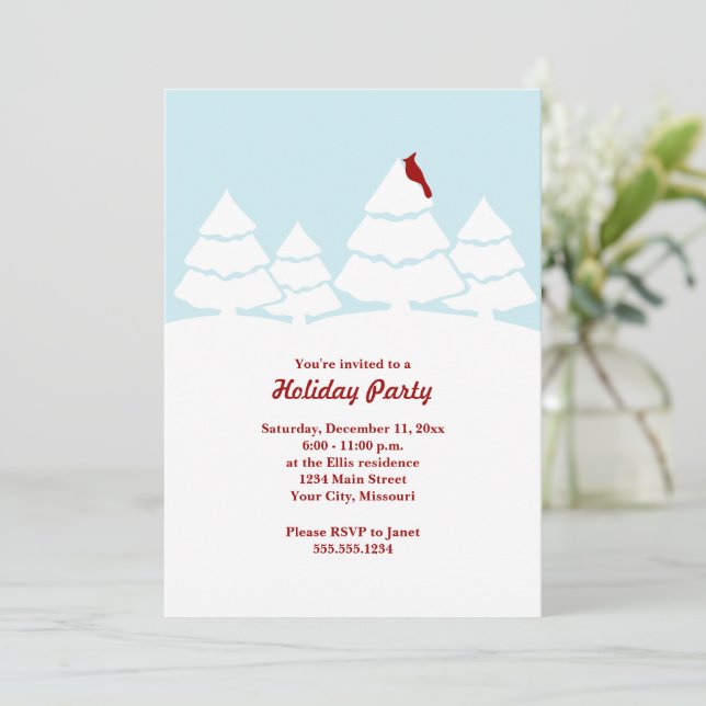 Elegant Red Cardinal Snow Holiday Christmas Party Invitation (Standing Front)