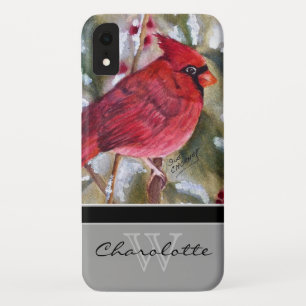 Elegant Red Cardinal w Black Monogram Name iPhone XR Case