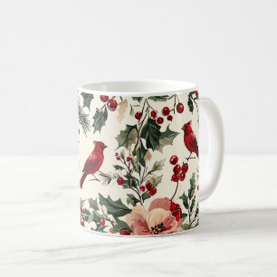 Elegant Red Cardinal Winter Botanical Cream Coffee Mug