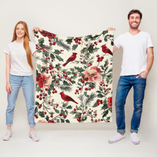 Elegant Red Cardinal Winter Botanical Cream Fleece Blanket