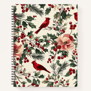 Elegant Red Cardinal Winter Botanical Cream Notebook
