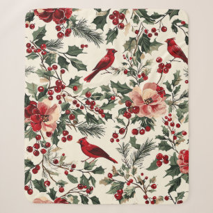 Elegant Red Cardinal Winter Botanical Cream Sherpa Blanket