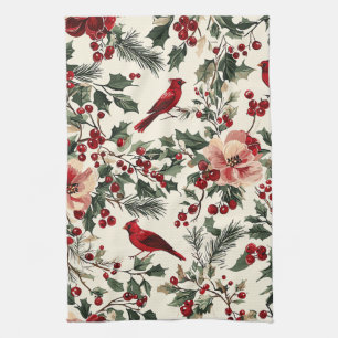Elegant Red Cardinal Winter Botanical Cream Tea Towel