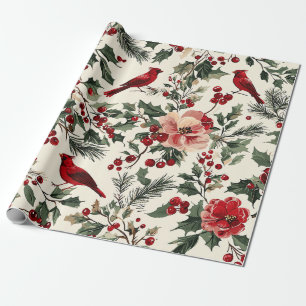 Elegant Red Cardinal Winter Botanical Cream Wrapping Paper