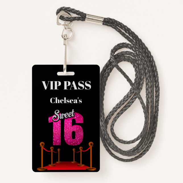 Elegant Red Carpet Hollywood Theme Sweet 16 VIP ID Badge (Front with Lanyard)