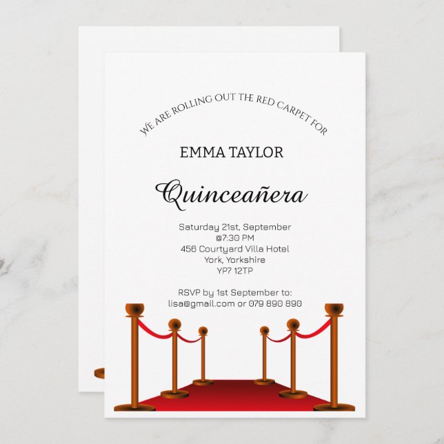 Elegant Red Carpet Quinceañera Sweet 16 Custom   Invitation (Front/Back)