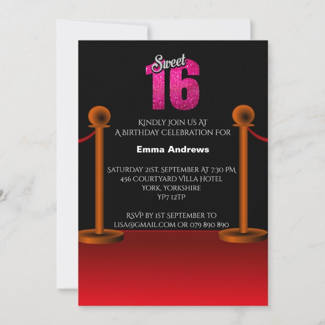 Elegant Red Carpet Sweet 16 Party Invitation (Front)