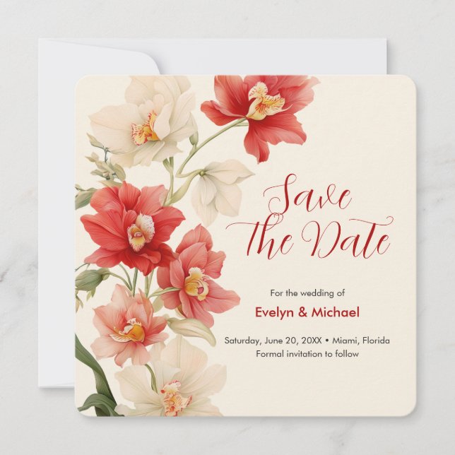 Elegant Red Cattleya Orchids Wedding Save The Date (Front)