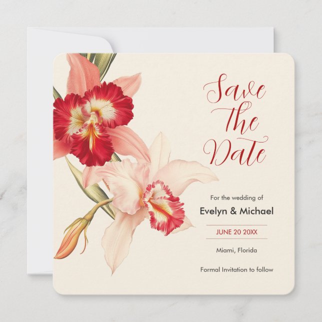 Elegant Red Cattleya Orchids Wedding Save The Date (Front)