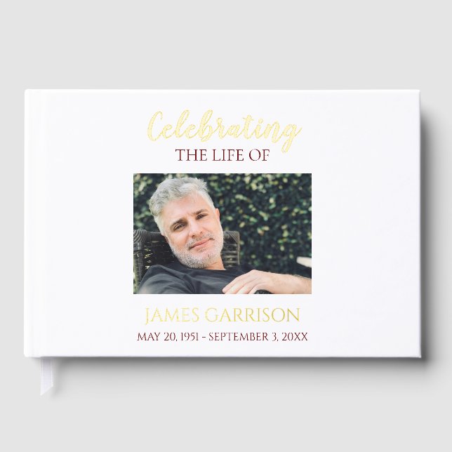 Elegant Red Celebration of Life Photo Memorial Guest Book (Front)