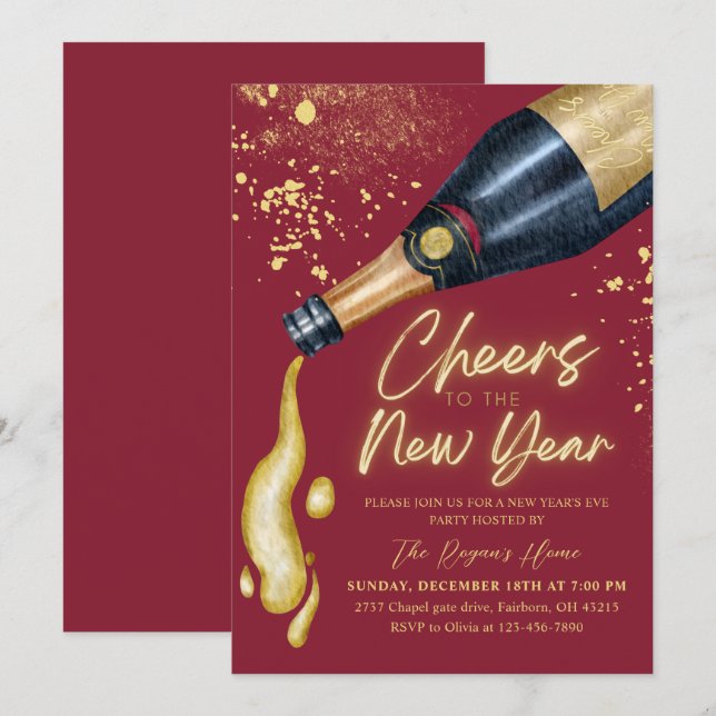 Elegant Red Cheers The To New Year Holiday Party Invitation (Front/Back)