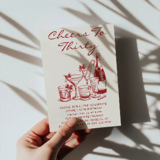 Elegant Red Cheers to Thirty Cocktail Birthday Invitation
