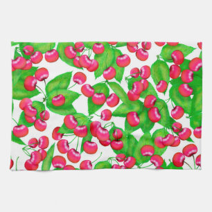 Elegant Red Cherries and Green Leaves Pattern   Tea Towel