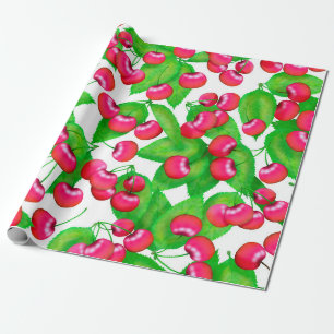 Elegant Red Cherries and Green Leaves Pattern   Wrapping Paper