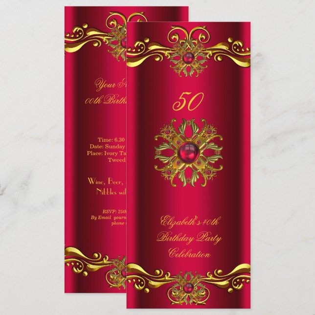 Elegant Red Cherry Jewel Gold Birthday Party Invitation (Front/Back)