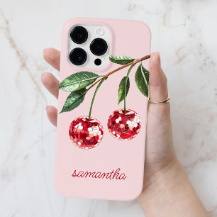 Elegant Red Cherry Personalized Script Name Pink Case-Mate iPhone 14 Pro Max Case