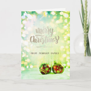 Elegant Red Christmas Balls Green Bokeh  Holiday Card