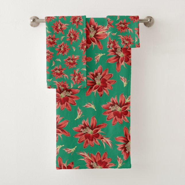 Elegant Red Christmas Cactus Flowers on Green Bath Towel Set (Insitu)