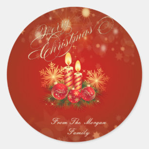 Elegant Red  Christmas Candles, Balls ,Snowflakes Classic Round Sticker