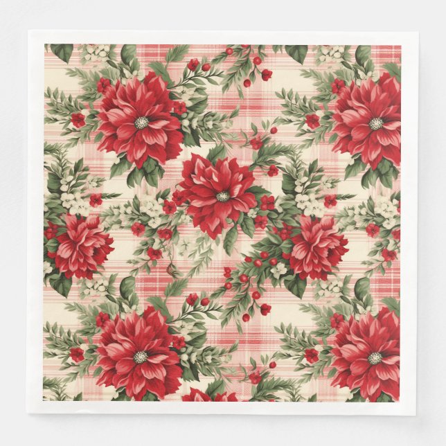 Elegant Red Christmas Floral Pattern  Napkin (Front)