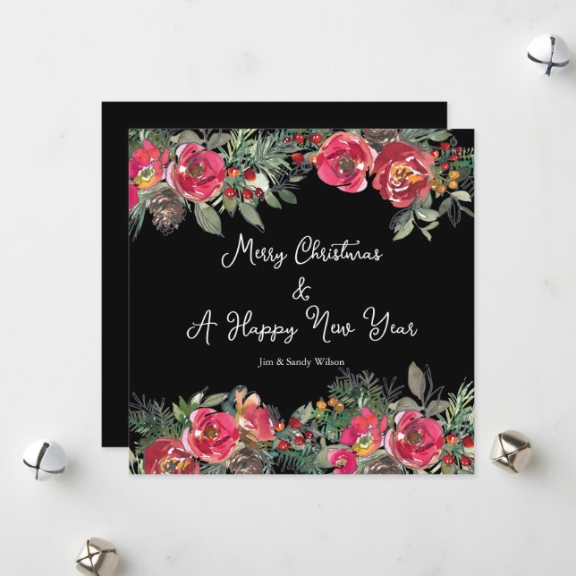 Elegant Red Christmas Flowers Black Background Holiday Card (Front/Back In Situ)