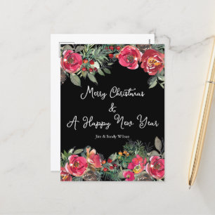 Elegant Red Christmas Flowers Black Background Holiday Postcard
