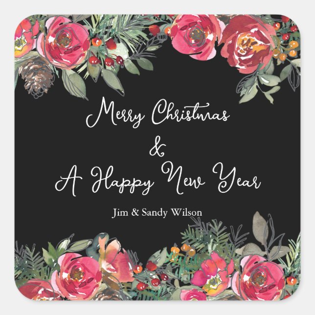 Elegant Red Christmas Flowers Black Background  Square Sticker (Front)