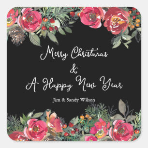 Elegant Red Christmas Flowers Black Background  Square Sticker