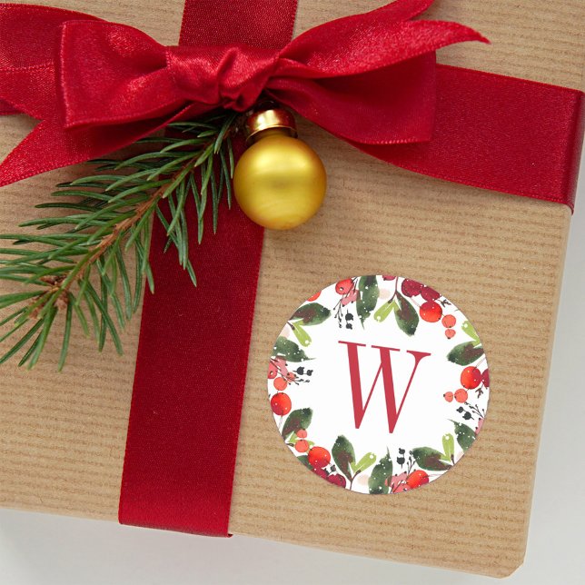 Elegant Red Christmas Greenery Monogram Wreath Classic Round Sticker (Creator Uploaded)