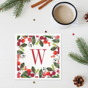 Elegant Red Christmas Greenery Monogram Wreath Napkin