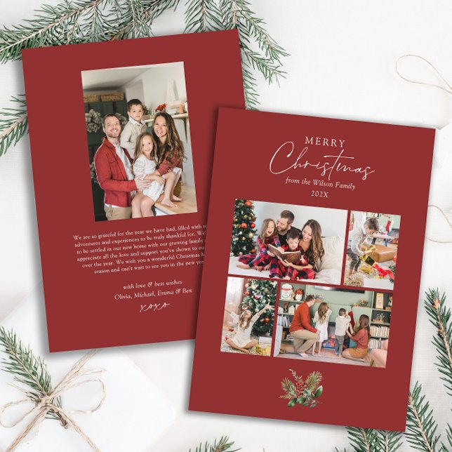 Elegant Red Christmas Greenery Photo Collage Holiday Card (Creator Uploaded)