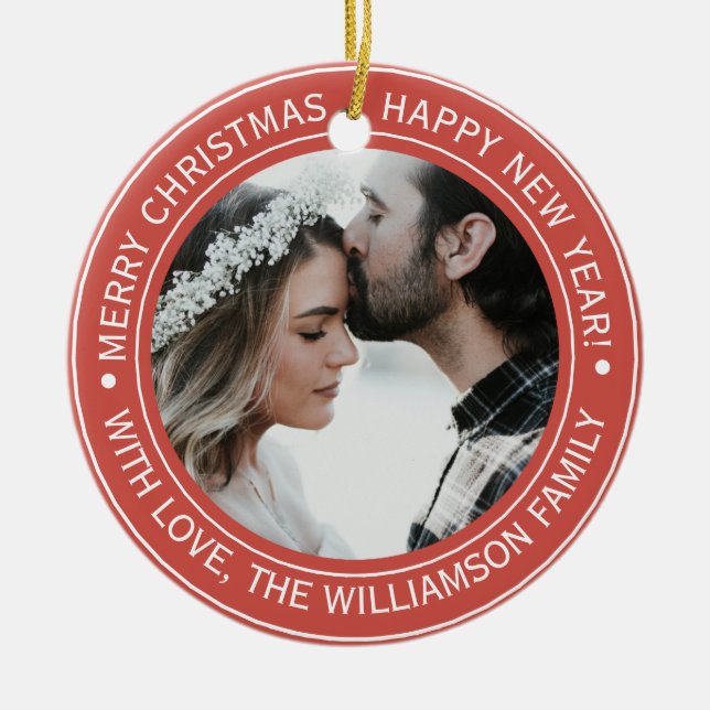 Elegant Red Christmas Monogram Photo Ceramic Tree Decoration (Front)