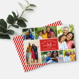 Elegant Red Christmas Monogram Photo Collage Holiday Card